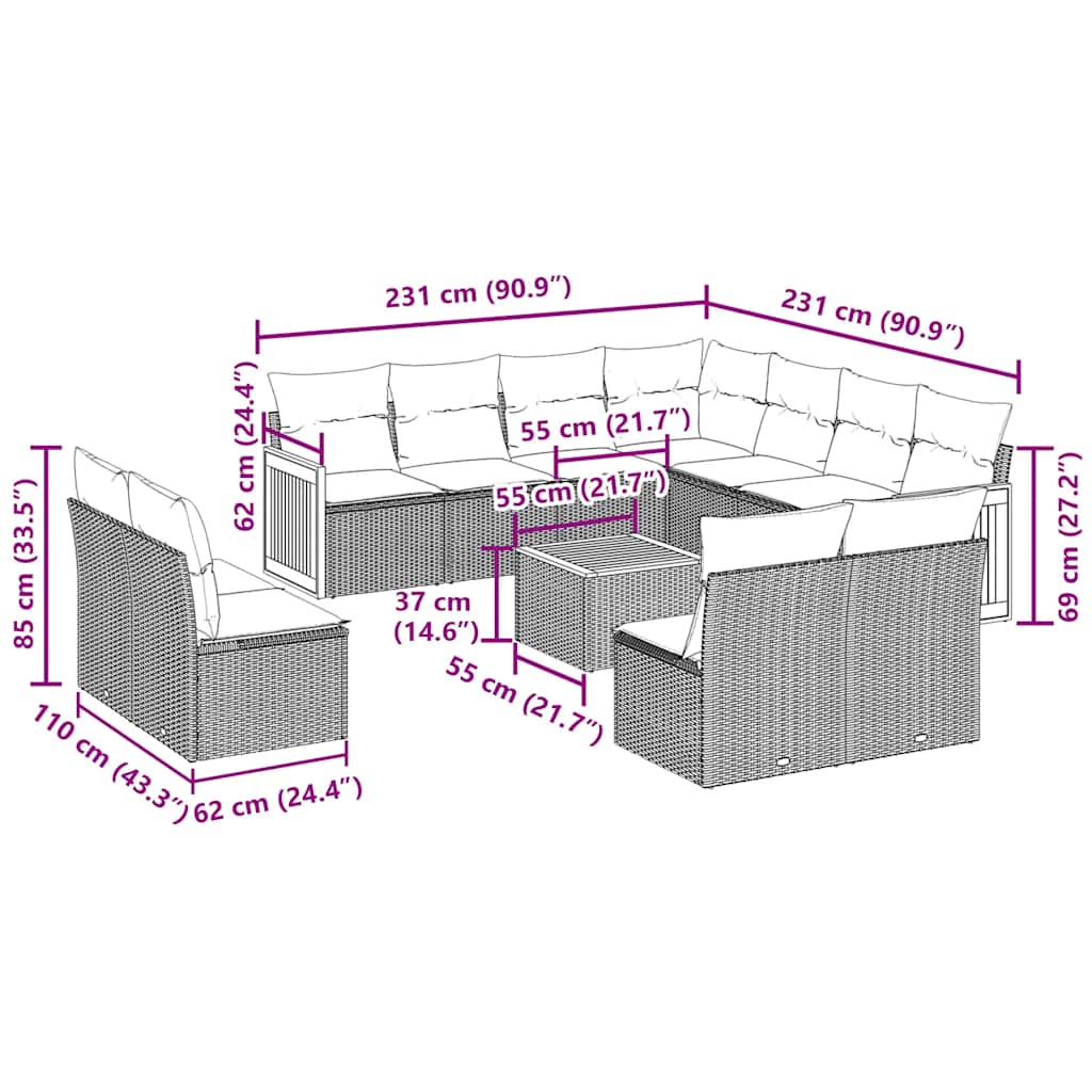 Set Divani da Giardino 12 pz con Cuscini Nero in Polyrattan