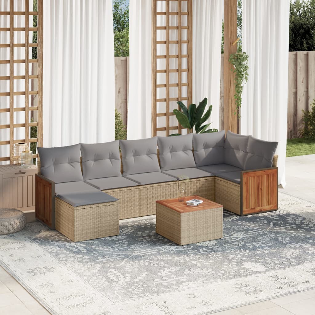 Set Divano da Giardino 8 pz con Cuscini Beige in Polyrattan