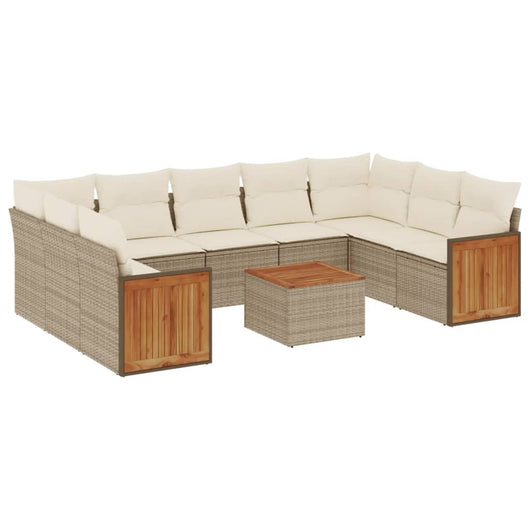 Set Divano da Giardino 10 pz con Cuscini Beige in Polyrattan