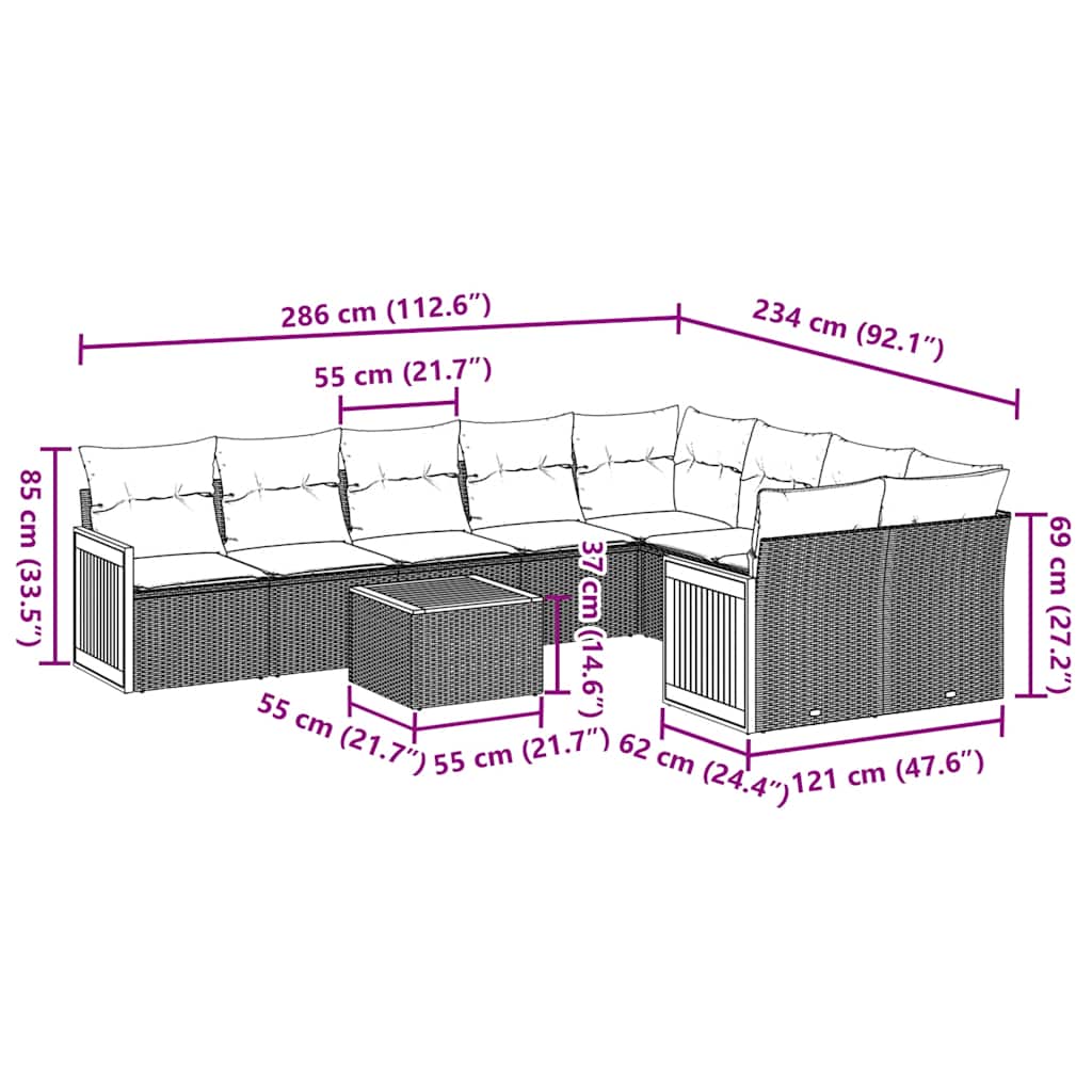 Set Divani da Giardino 10pz con Cuscini in Polyrattan Nero
