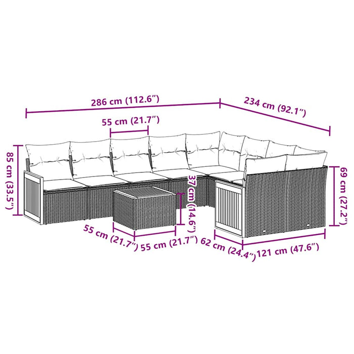 Set Divani da Giardino 10pz con Cuscini in Polyrattan Nero