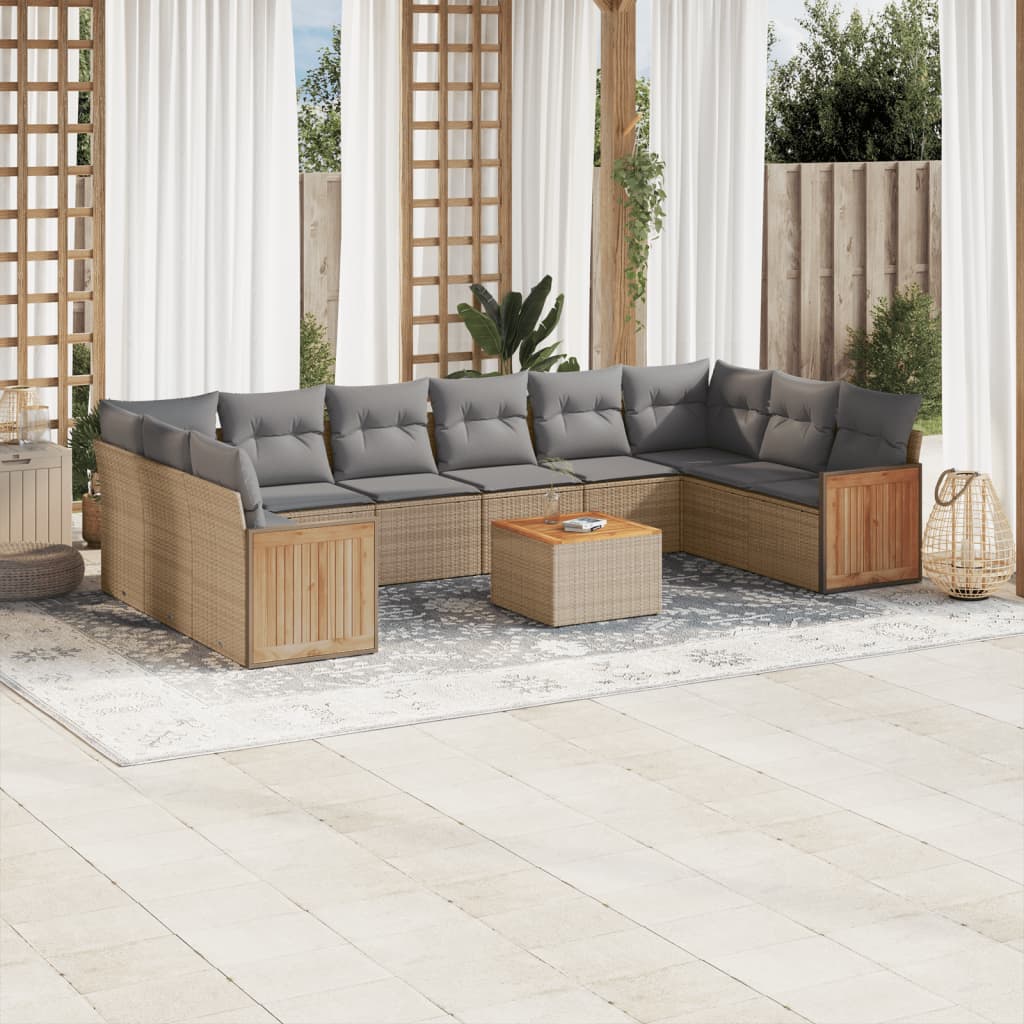 Set Divani da Giardino 11 pz con Cuscini Beige in Polyrattan
