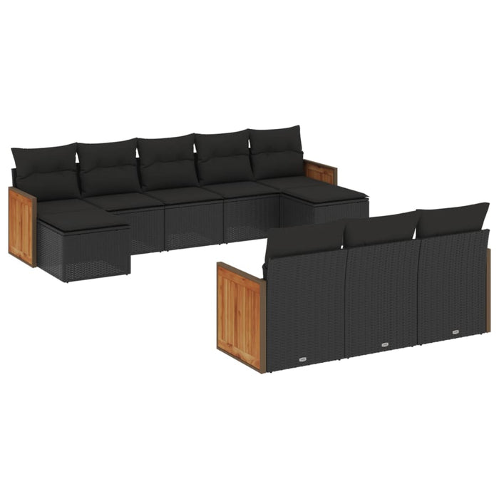 Set Divani da Giardino 10pz con Cuscini in Polyrattan Nero