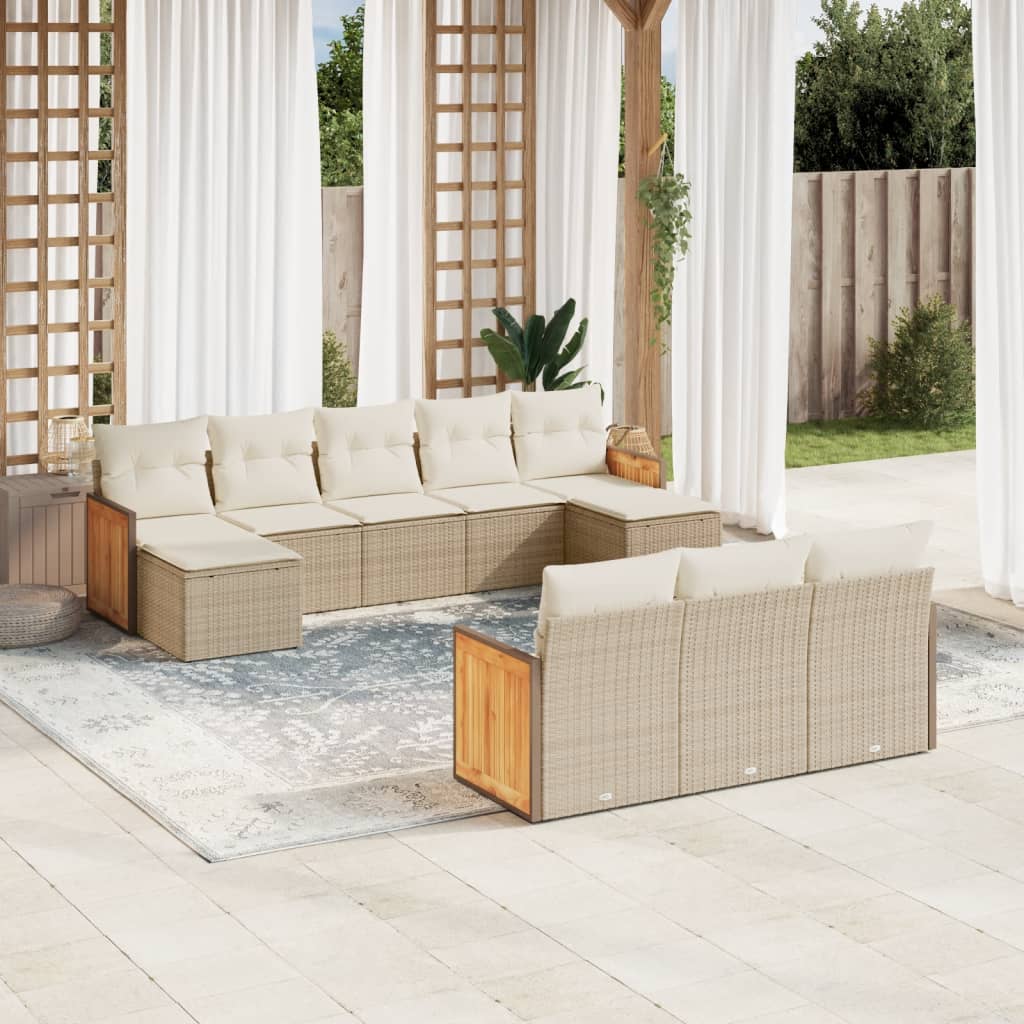Set Divano da Giardino 10 pz con Cuscini Beige in Polyrattan