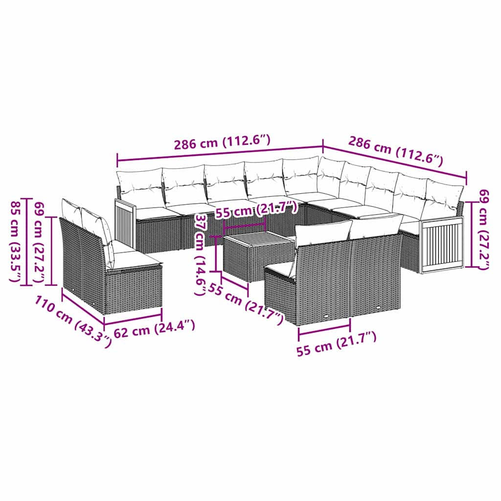 Set Divani da Giardino 14pz con Cuscini in Polyrattan Nero