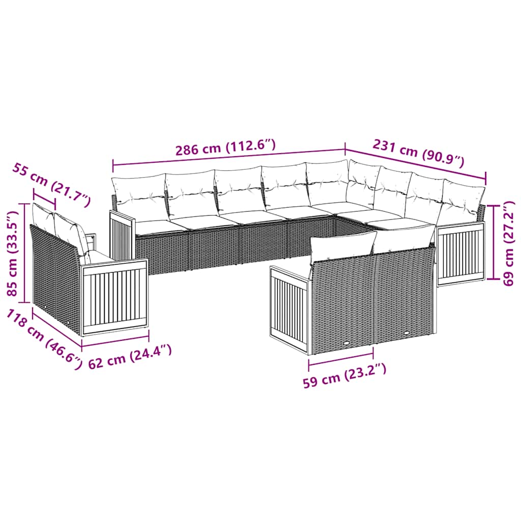 Set Divani da Giardino 12 pz con Cuscini Nero in Polyrattan 3260592