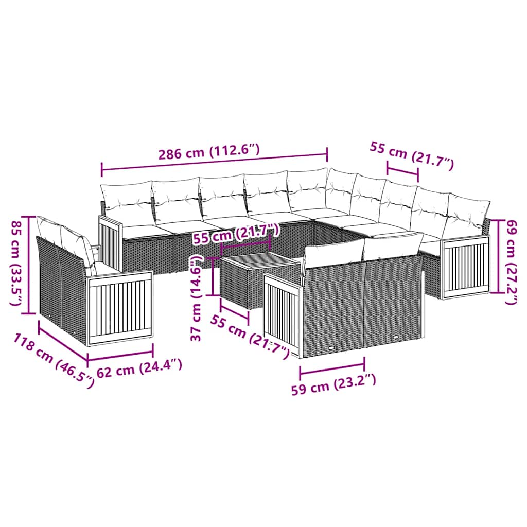 Set Divani da Giardino 14pz con Cuscini in Polyrattan Nero