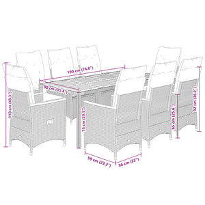 Set da Pranzo da Giardino 9 pz con Cuscini in Polyrattan Grigio