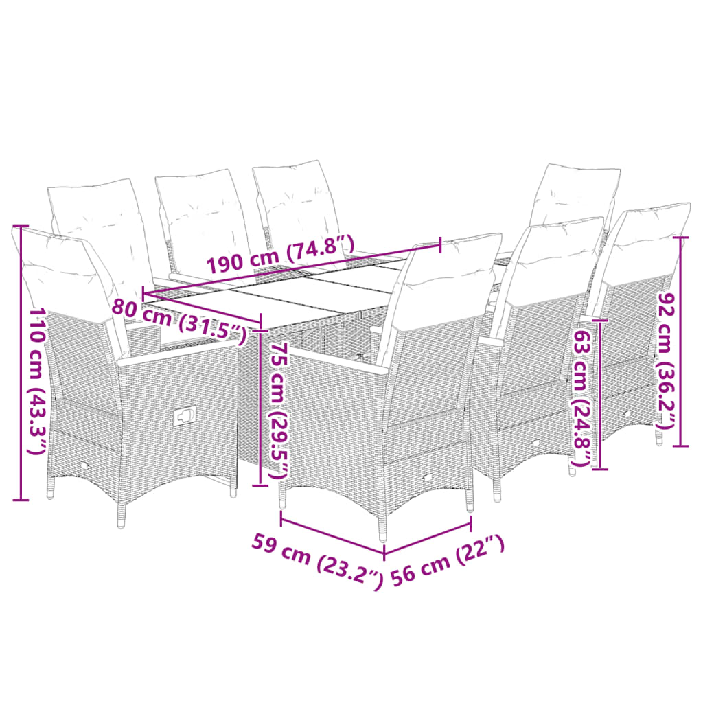 Set Bistrò da Giardino 9 pz con Cuscini in Polyrattan Grigio