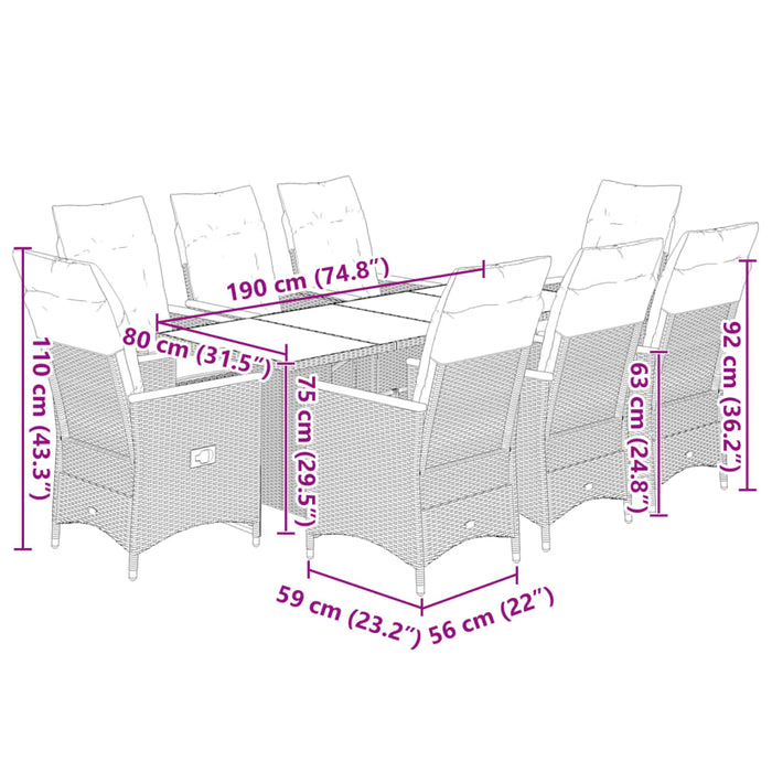 Set Bistrò da Giardino 9 pz con Cuscini in Polyrattan Grigio