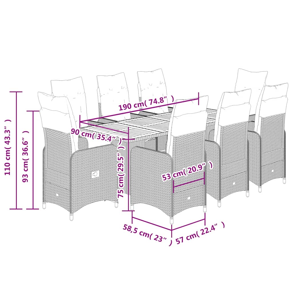 Set Bistrò da Giardino 9 pz con Cuscini in Polyrattan Nero 3276986