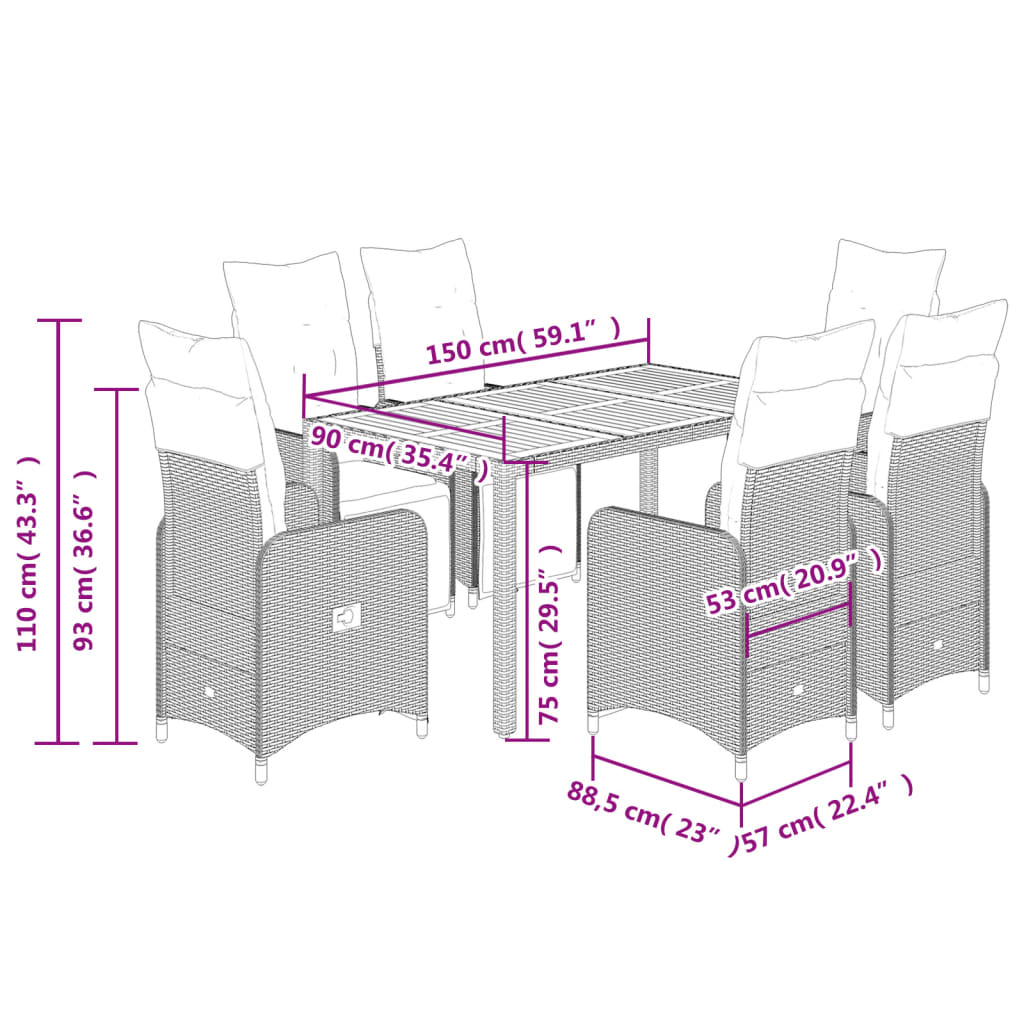 Set da Bistrò da Giardino 7 pz con Cuscini Nero in Polyrattan 3277130