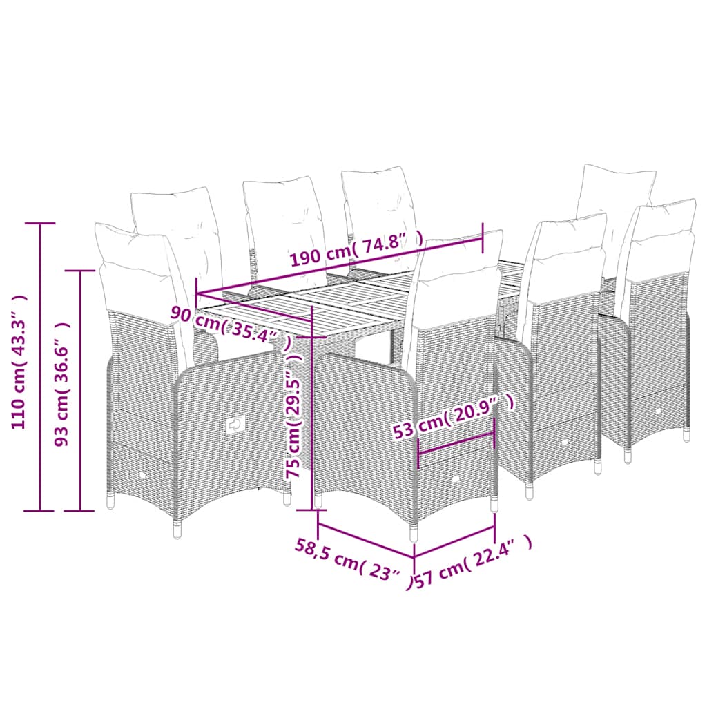 Set Bistrò da Giardino 9 pz con Cuscini in Polyrattan Nero 3277134