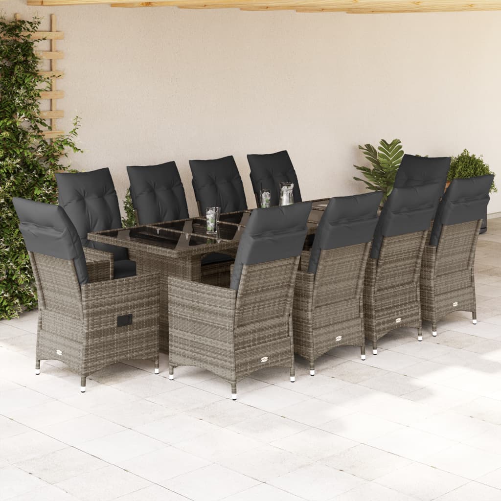 Set BistrÃ² da Giardino 11 pz con Cuscini in Polyrattan Grigio