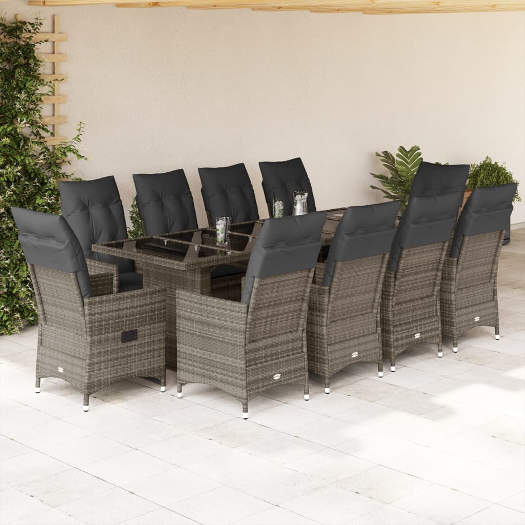 Set BistrÃ² da Giardino 11 pz con Cuscini in Polyrattan Grigio