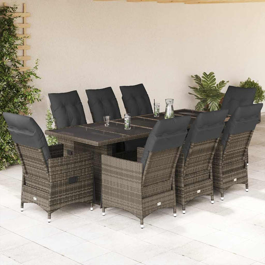 Set BistrÃ² da Giardino 9 pz con Cuscini in Polyrattan Grigio