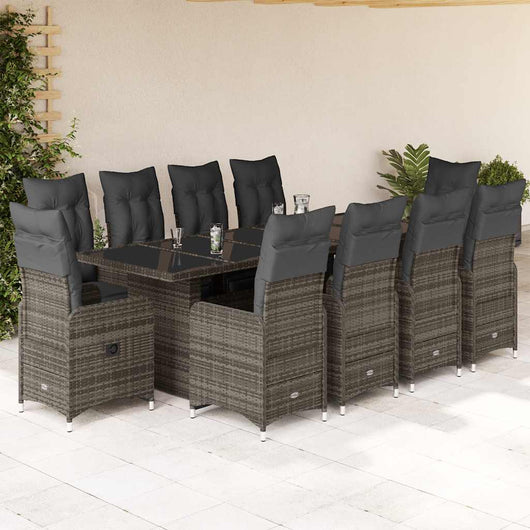 Set BistrÃ² da Giardino 11 pz con Cuscini in Polyrattan Grigio