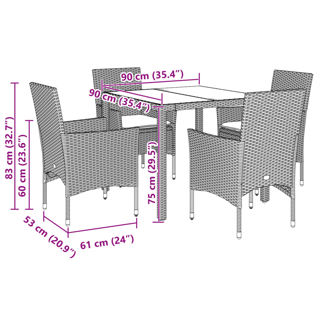 Set da Pranzo da Giardino con Cuscini 5 pz Polyrattan e Vetro 3278544
