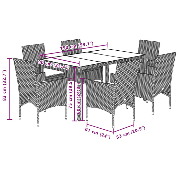 Set da Pranzo da Giardino 7 pz con Cuscini Polyrattan e Vetro 3278558