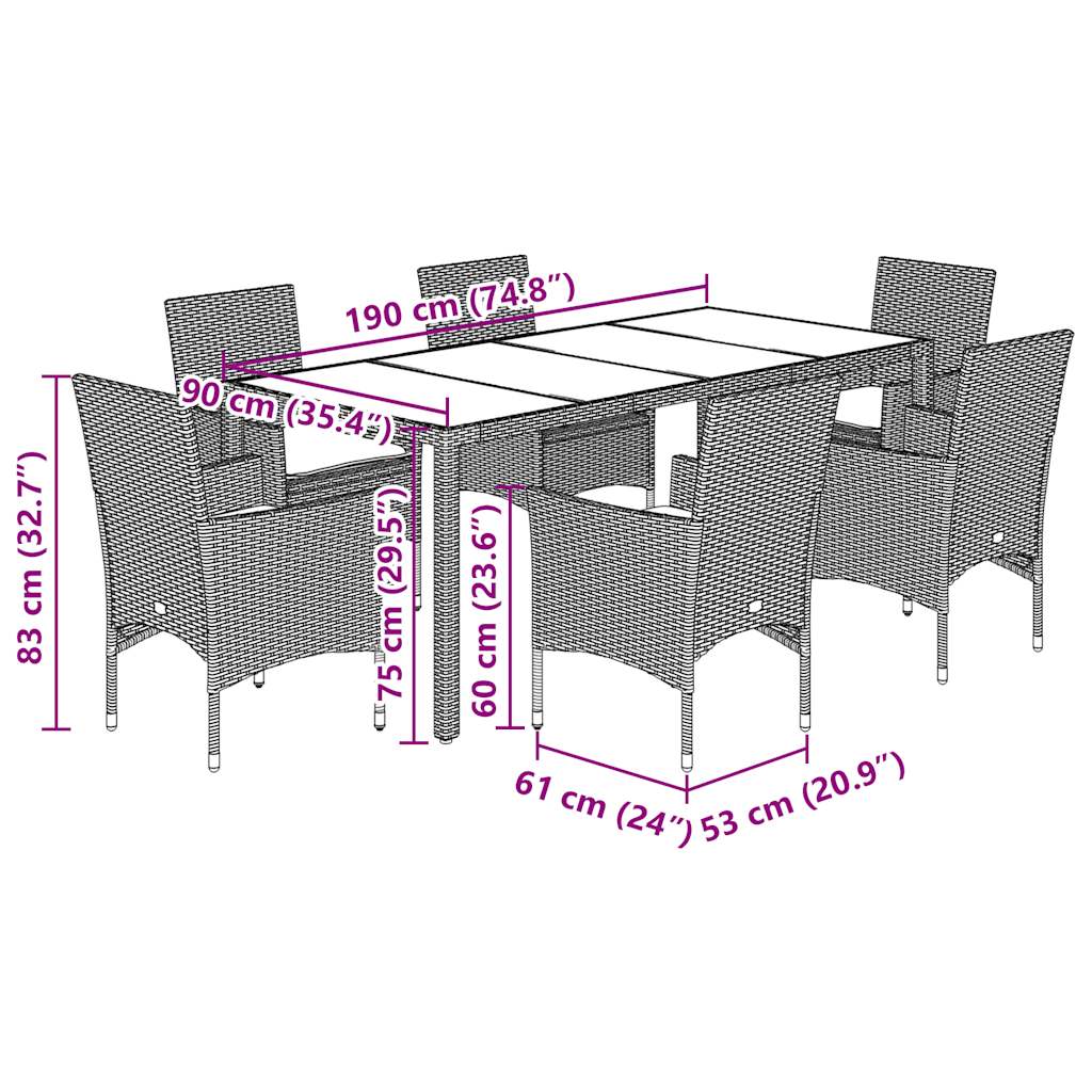 Set Pranzo Giardino 7 pz Cuscini Grigio Chiaro Polyrattan Vetro 3278577