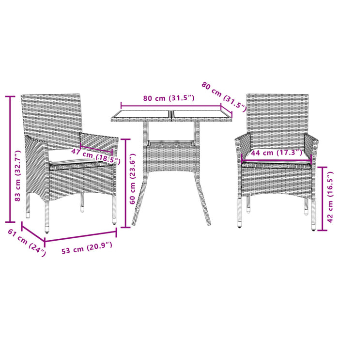 Set da Pranzo da Giardino 3 pz con Cuscini Polyrattan e Vetro 3278613