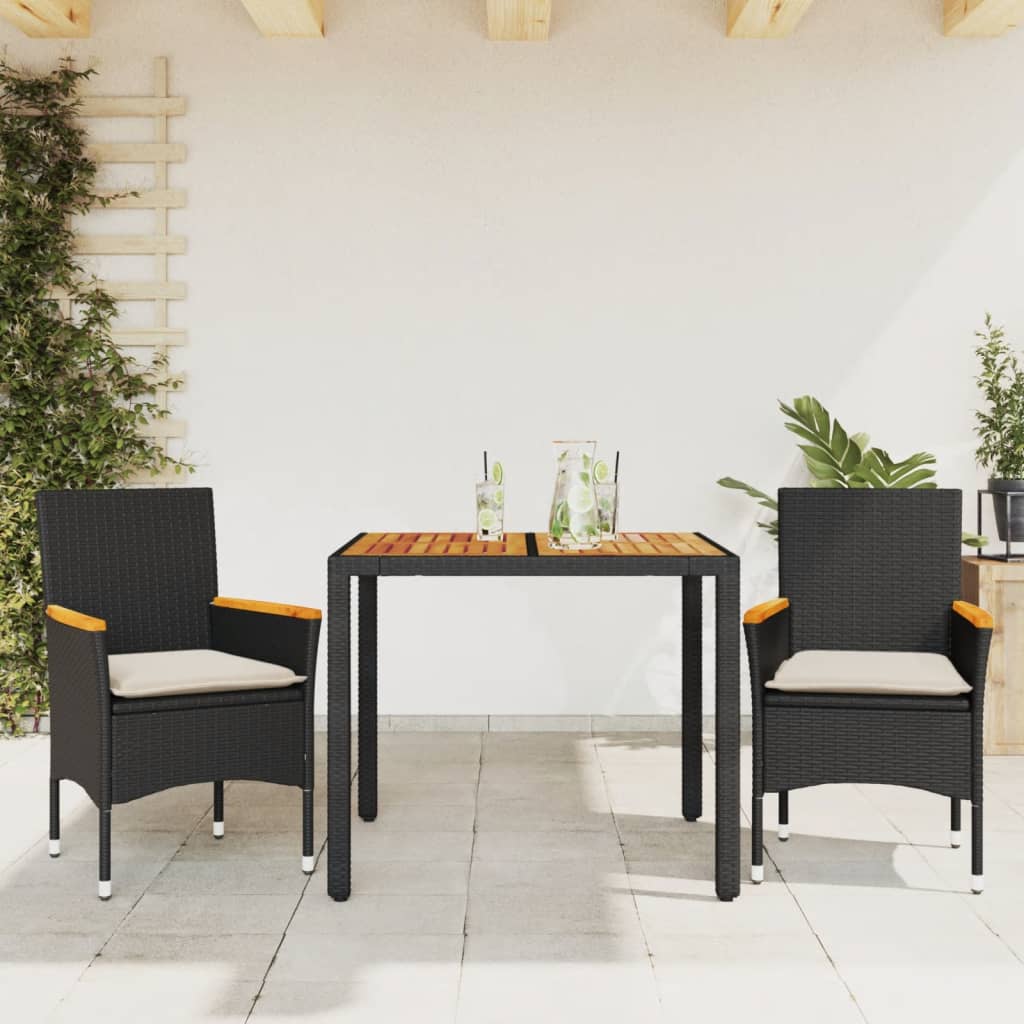 Set Pranzo da Giardino 3 pz con Cuscini Nero Polyrattan Acacia 3278627