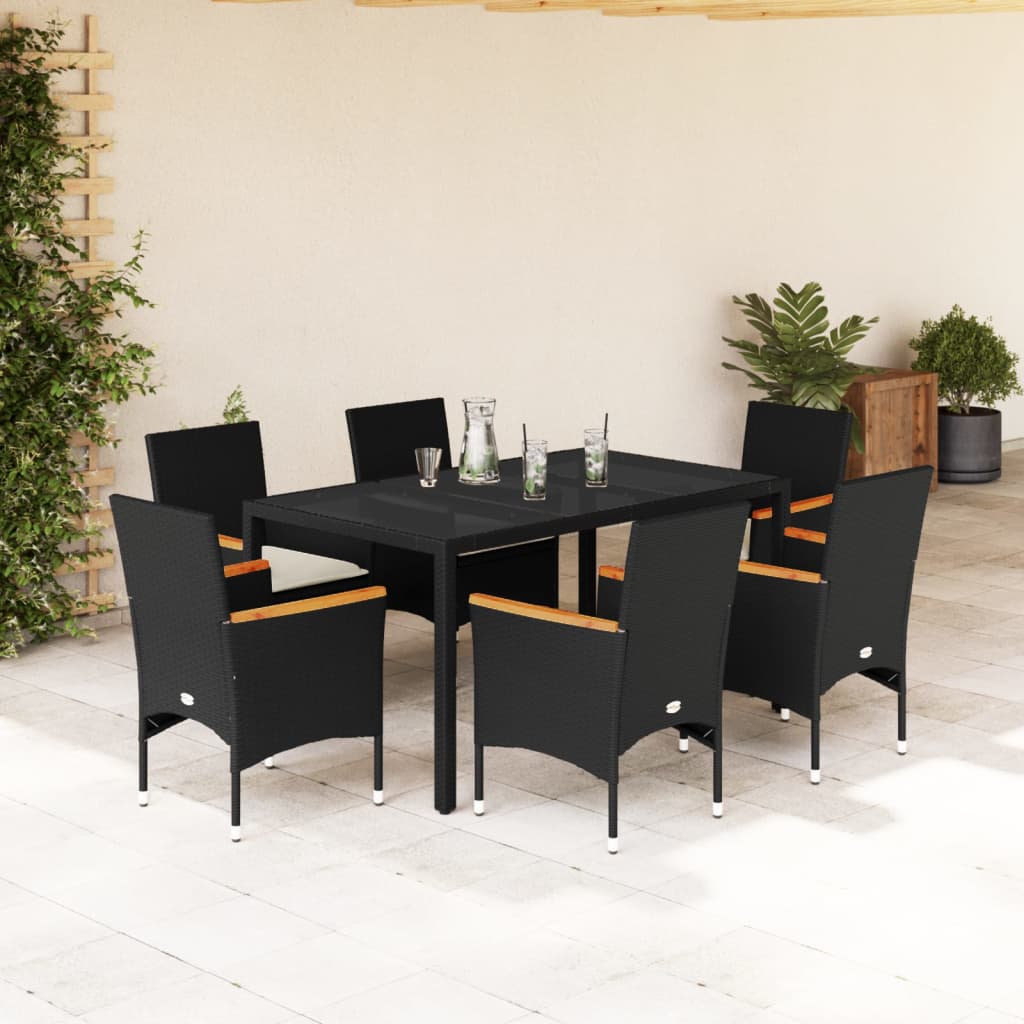 Set Pranzo da Giardino 7 pz Nero con Cuscini Polyrattan Acacia 3278648