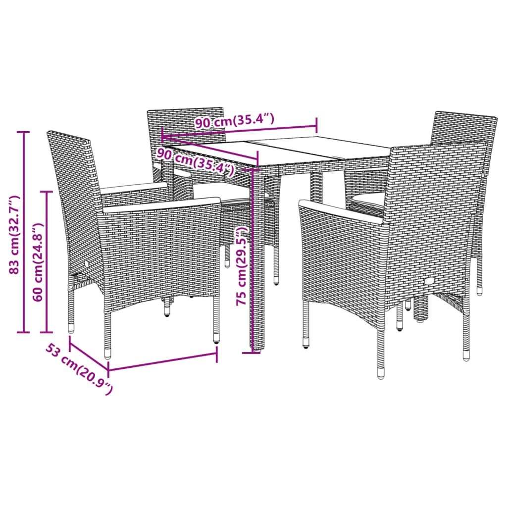 Set da Pranzo da Giardino 5 pz con Cuscini Polyrattan e Vetro 3278658