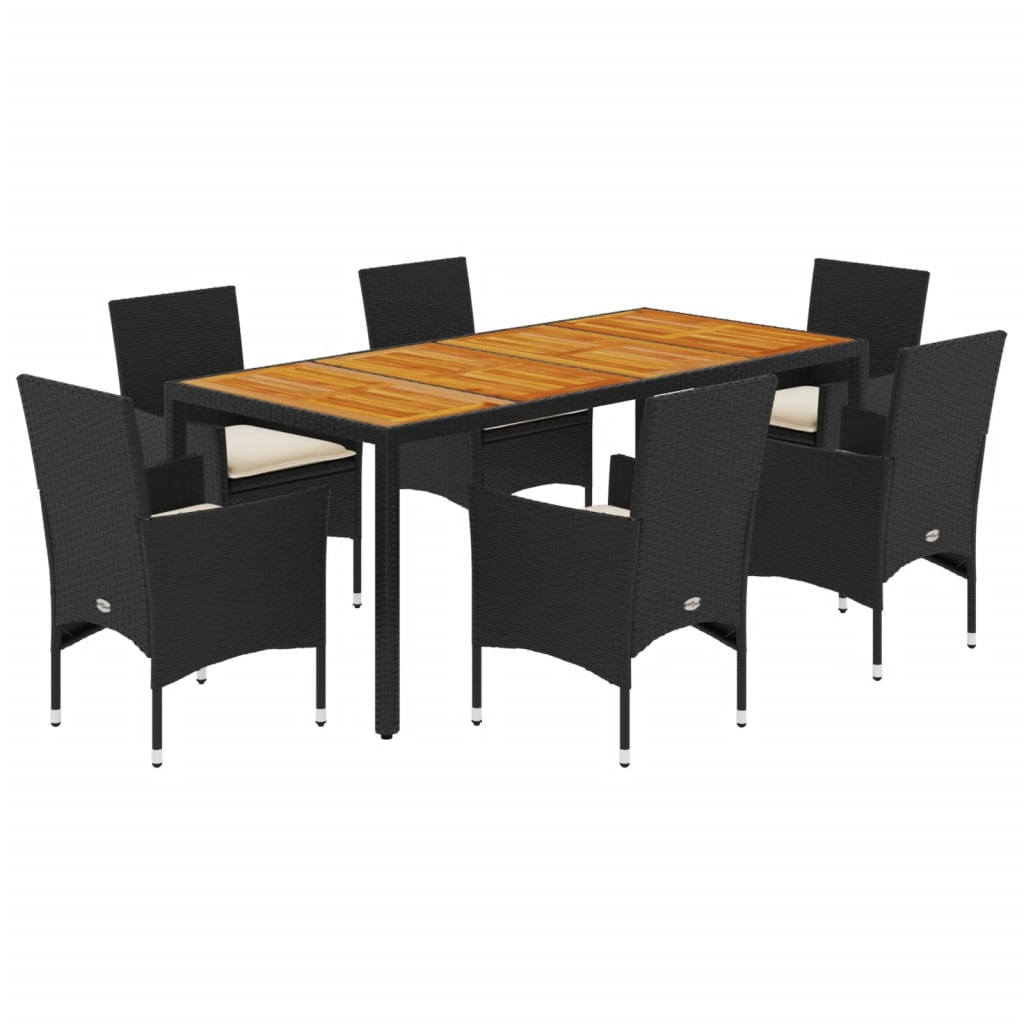 Set Pranzo da Giardino 7 pz Nero con Cuscini Polyrattan Acacia 3278667