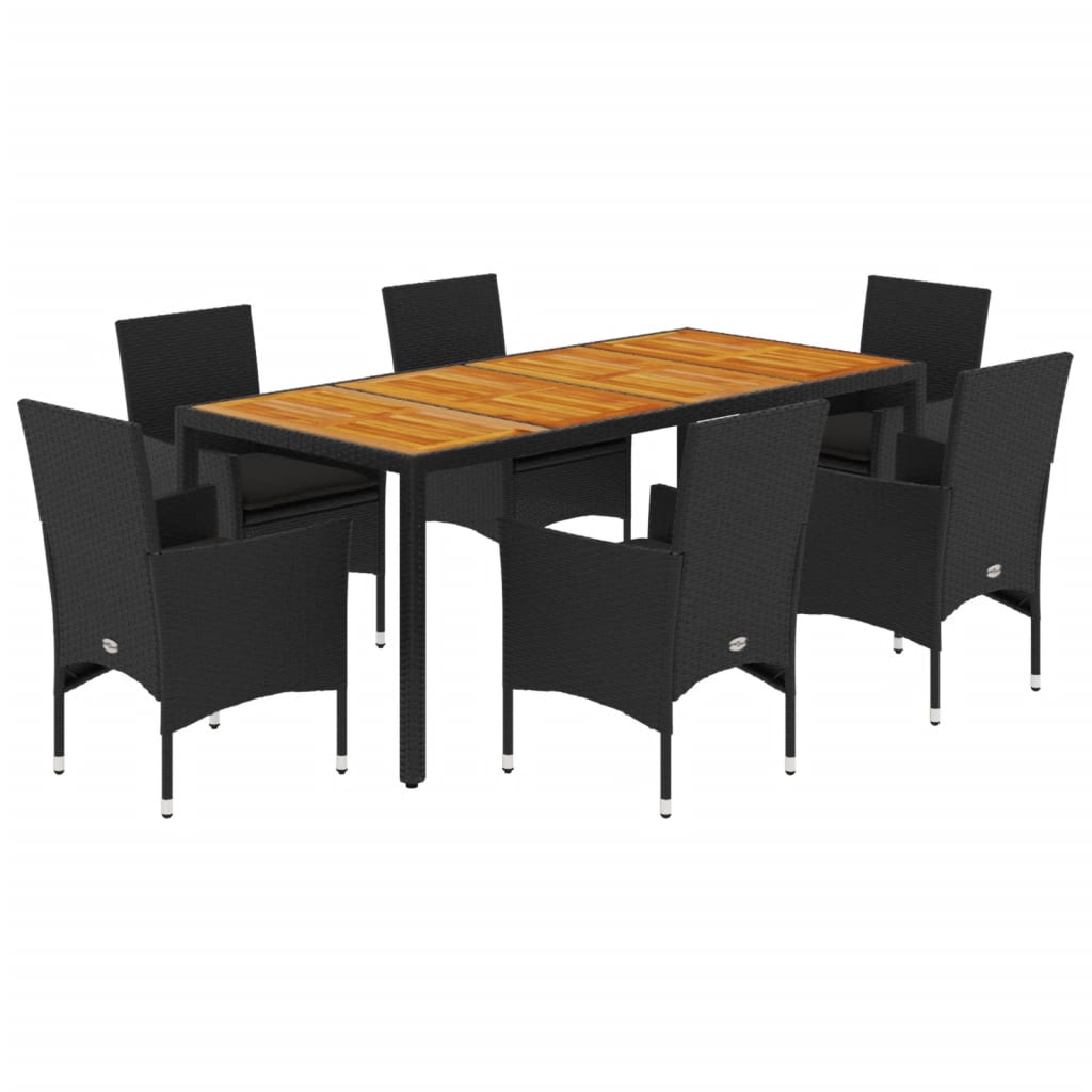 Set Pranzo da Giardino 7 pz Nero con Cuscini Polyrattan Acacia 3278673