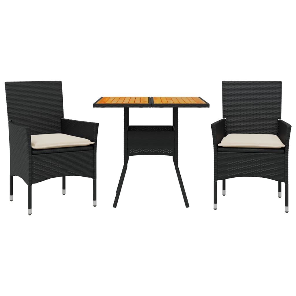 Set Pranzo da Giardino 3 pz con Cuscini Nero Polyrattan Acacia 3278709