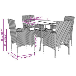 Set Pranzo da Giardino 5 pz con Cuscini Nero Polyrattan Acacia