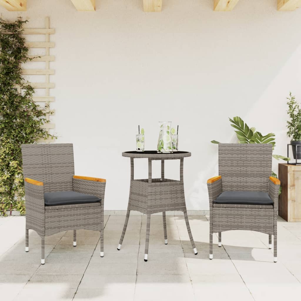 Set da Pranzo da Giardino 3pz con Cuscini in Polyrattan e Vetro 3278723