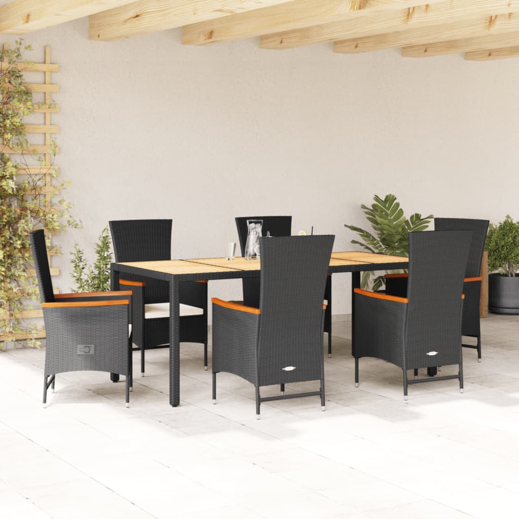 Set da Pranzo da Giardino 7 pz Nero con Cuscini in Polyrattan 3277515