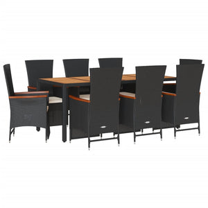 Set da Pranzo da Giardino 9 pz con Cuscini Nero in Polyrattan 3277518