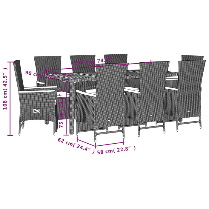 Set da Pranzo da Giardino 9 pz con Cuscini Nero in Polyrattan 3277518