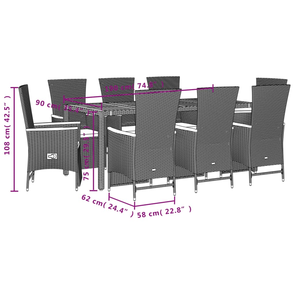 Set da Pranzo da Giardino 9 pz con Cuscini Nero in Polyrattan 3277518