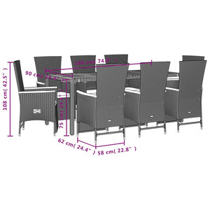 Set da Pranzo da Giardino 9 pz con Cuscini Nero in Polyrattan 3277518