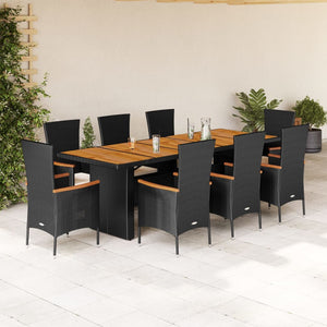 Set da Pranzo da Giardino 9 pz con Cuscini Nero in Polyrattan 3277522