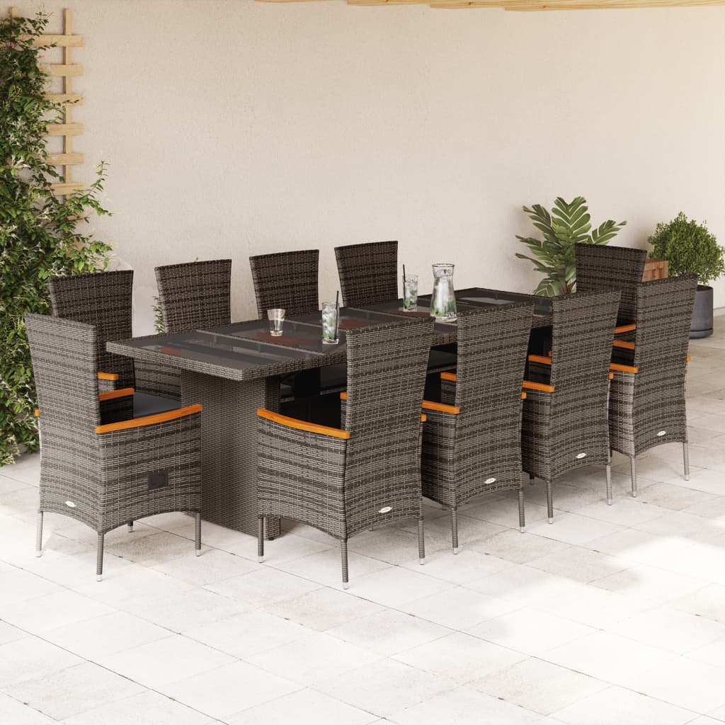 Set da Pranzo da Giardino 11pz con Cuscini in Polyrattan Grigio