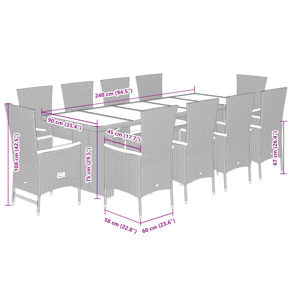 Set da Pranzo da Giardino 11pz con Cuscini in Polyrattan Grigio