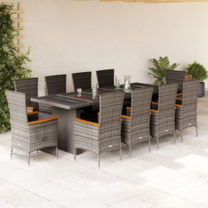 Set da Pranzo da Giardino 11pz con Cuscini in Polyrattan Grigio