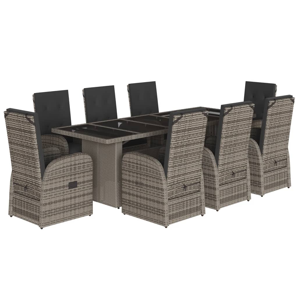 Set da Pranzo da Giardino 9 pz con Cuscini in Polyrattan Grigio