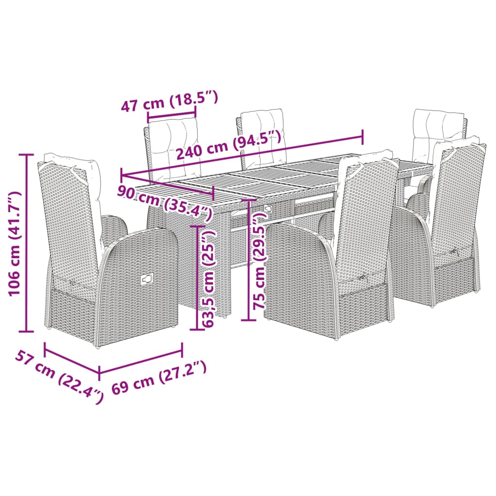 Set da Pranzo da Giardino 7 pz Nero con Cuscini in Polyrattan 3277645