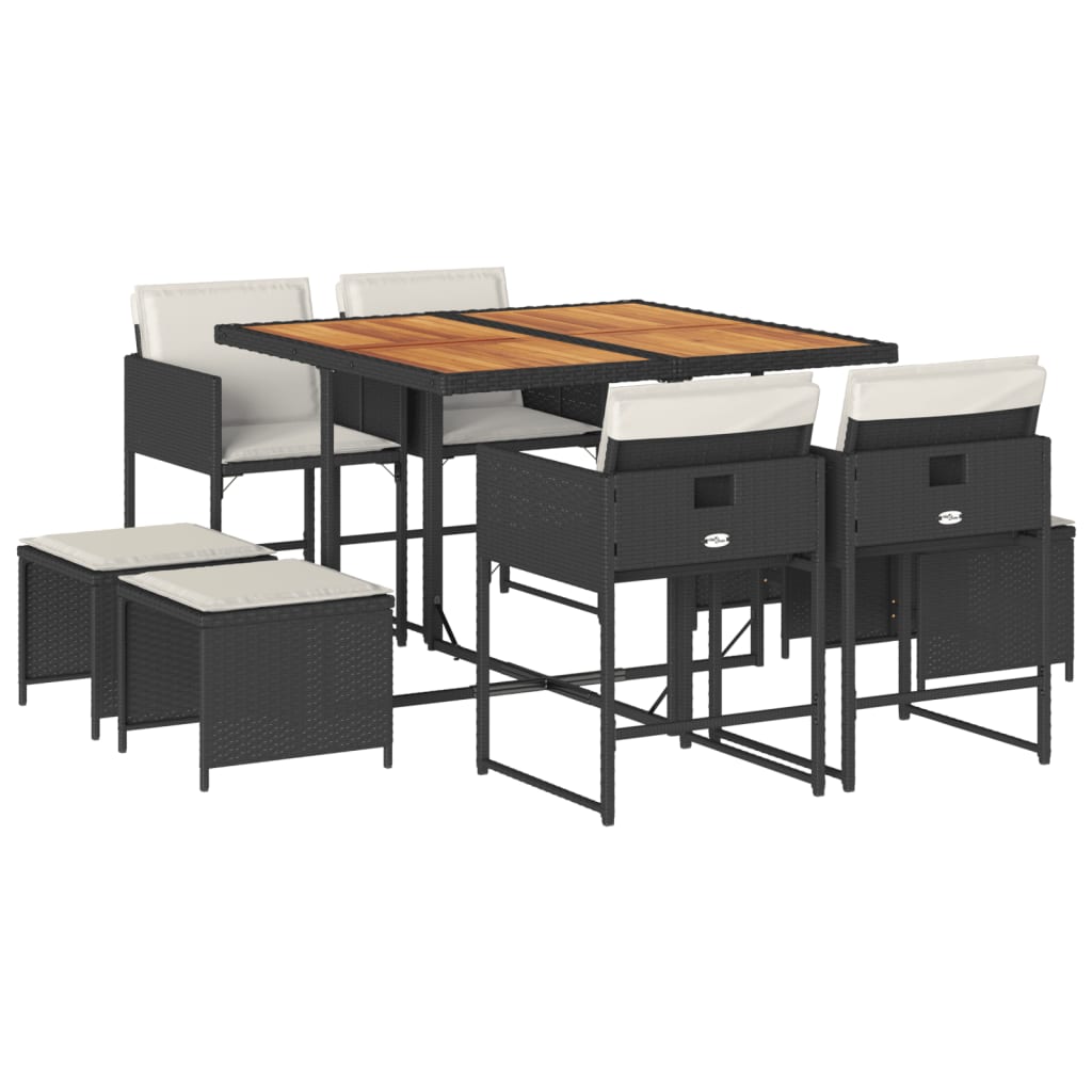 Set da Pranzo da Giardino 9 pz con Cuscini Nero in Polyrattan 3278090