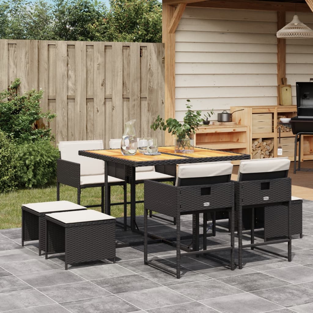Set da Pranzo da Giardino 9 pz con Cuscini Nero in Polyrattan 3278090