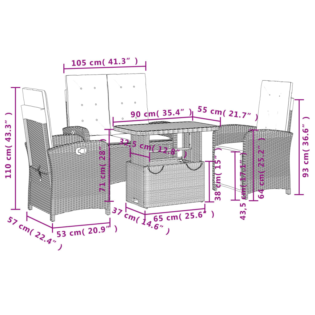 Set da Pranzo da Giardino 4 pz con Cuscini Nero in Polyrattan 3277324