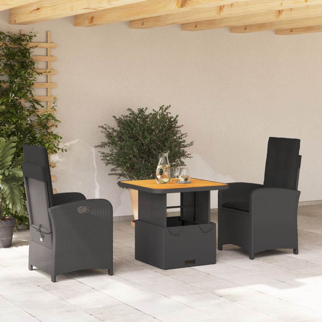 Set da Pranzo da Giardino 3 pz con Cuscini Nero in Polyrattan 3277325