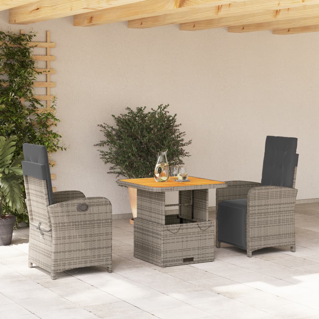 Set da Pranzo da Giardino 3 pz con Cuscini in Polyrattan Grigiocod mxl 89368