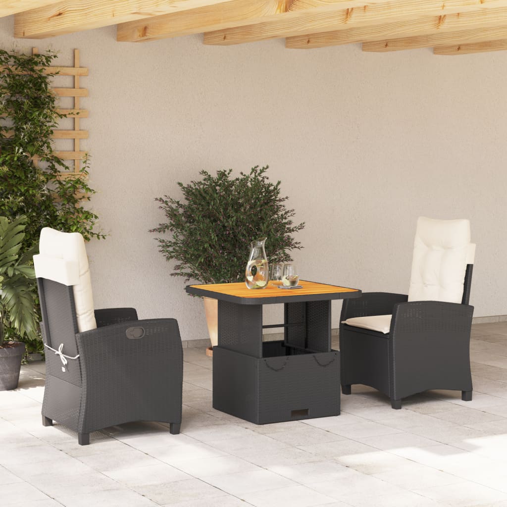 Set da Pranzo da Giardino 3 pz con Cuscini Nero in Polyrattan 3277373